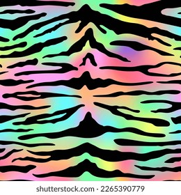 Patrón de moda de Neon Tiger sin fisuras. Vector arco iris piel animal silvestre fondo texturado, rayas negras en gradiente brillante fondo de impresión de lujo. Textura abstracta de safari de jungla para papeles pintados, diseño.