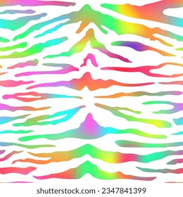 Patrón de moda de Neon Tiger sin fisuras. Vector arco iris fondo de piel animal salvaje texturado, rayas degradadas de arcoiris sobre fondo blanco impresión de lujo. Textura abstracta de safari de jungla para diseño, papel tapiz