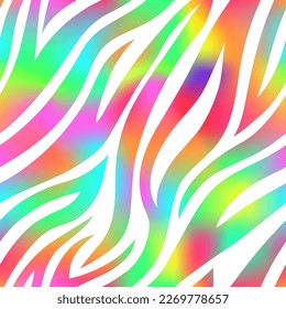 Trendy Neon Zebra seamless pattern. Vector rainbow wild animal skin textured background. Abstract iridescent gradient tiger stripes on white background print