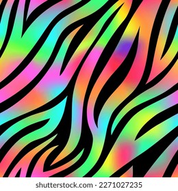 Trendy Neon Zebra seamless pattern. Vector rainbow wild animal skin textured background. Abstract iridescent gradient tiger stripes on black background luxury print