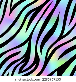 Trendy Neon Zebra seamless pattern. Vector rainbow wild animal skin textured background. Abstract iridescent gradient tiger stripes on black background shiny print