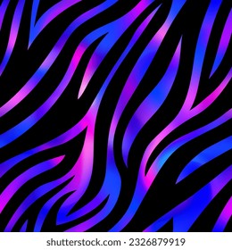 Trendy Neon Zebra seamless pattern. Vector shiny purple gradient wild animal skin textured background. Black tiger stripes on abstract colorful background shiny print