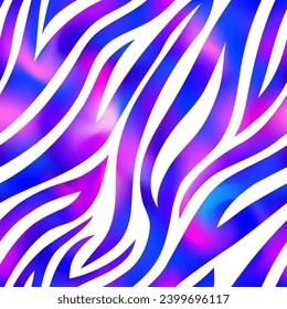 Trendy Neon Zebra seamless pattern. Vector shiny purple gradient wild animal skin textured background. White tiger stripes on abstract colorful background shiny print