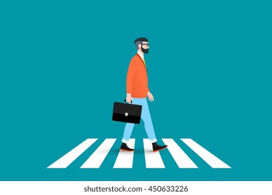 Trendy nerd hipster pedestrian crossing continental crosswalk. This businessman wearing a solid suit and goes forward while holding a briefcase. Abstract flat vector business conceptual illustration.