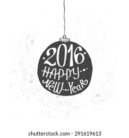 Trendy new 2016 year postcard, vintage hand drawn holiday illustration. 