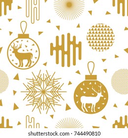 Trendy New Year background. Seamless vector pattern with fir trees, Christmas balls, snowflakes and abstract geometric elements. Simple design for packaging, cards and textile.