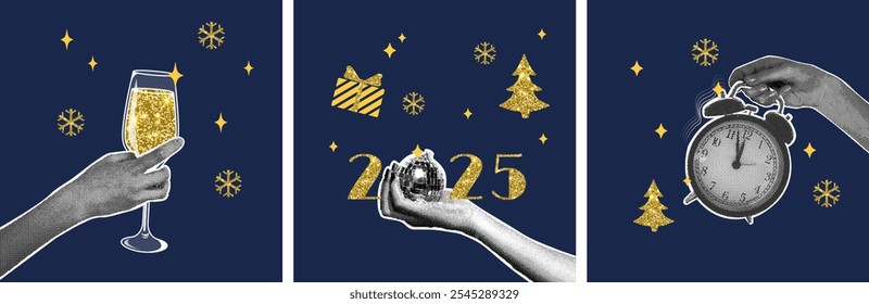 Trendy new year christmas halftone collage. Set of New Year's Eve halftone collages with gold glittery texture for cards, posters, templates. Modern retro vector illustration