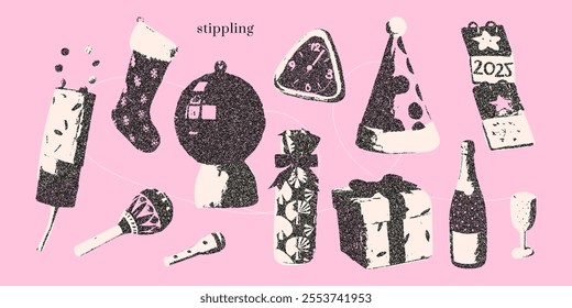 Trendy New year party halftone photocopy stipple effect elements set. Minimalistic grunge punk grain dotted collage art. Modern retro vector illustration