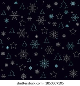 Trendy New Year seamless pattern vector illustration. For wrapping paper, digital paper, fabric, textile, postcards. Christmas pattern with new year tree, stars, snowflakes in white, blue, grey colors