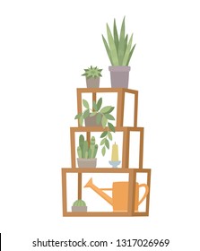 Trendy nordic home decor with plants in pots, standing on shelf. Vector flat design of urban jungle used for magazine, book, poster, website, banner, brochure.