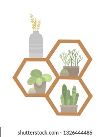 Trendy nordic home decor with plants in pots and books standing on cell shelf. Vector flat design of urban jungle used for magazine, book, poster, website, banner, brochure.