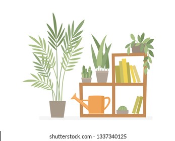 Trendy nordic home decor with plants in pots and palm, standing on shelf. Vector flat design of urban jungle used for magazine, book, poster, website, banner, brochure.