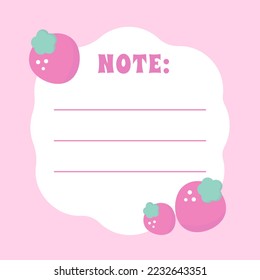 Trendy note sticker sheets of note papers, sticky notes vector cute pastel pink color with berries. Blank paper notes, sticker notepads and to do memo messages