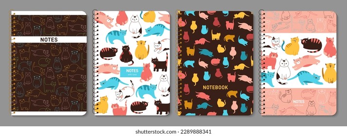 Trendy notebook and cats cover set. Cute kitty doodle design for planner, brochure, book, catalog. Notepad with kitten in different playing poses. Decorative pet layout page print template poster