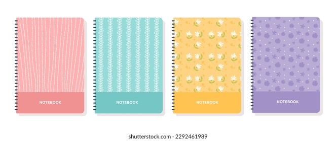 Fundas de cuadernos de moda. Colección de diarios de color rosa, amarillo, púrpura y azul. Material escolar y espacio para notas, memo. Ilustraciones de caricaturas de vectores planos aisladas en fondo blanco