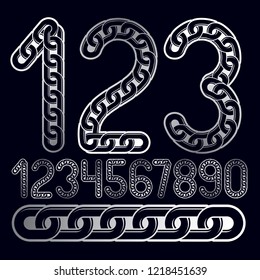 Trendy numbers collection, vector numeration. Made with iron chain, linked connection.