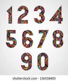 Trendy numbers design decorated with beautiful colorful hand drawn pattern, vector design.