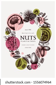 Trendy nut wreath design. With vector pecan, macadamia, hazelnut,walnut, almond, pistachio, chestnut, peanut, Brazil nut, coconut and cashew sketches. Healthy food modern collage template. 