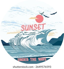 Trendy Ocean Wave e Sunset Apparel Print para mulheres e homens. Esta impressão versátil captura a essência da beleza costeira e relaxamento, perfeito para camisetas, capuzes e roupas casuais.