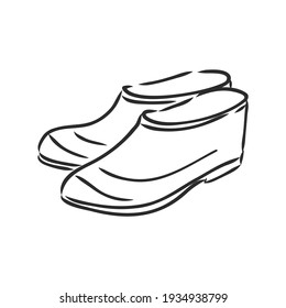 Trendy old cozy styled rainy wellie isolated on white background. Freehand outline ink hand drawn icon symbol sketchy in art scribble retro style pen on paper. Side closeup view with space for text
