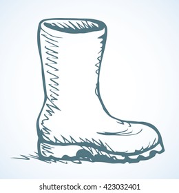 Trendy old cozy styled rainy wellie isolated on white background. Freehand outline ink hand drawn icon symbol sketchy in art scribble retro style pen on paper. Side closeup view with space for text