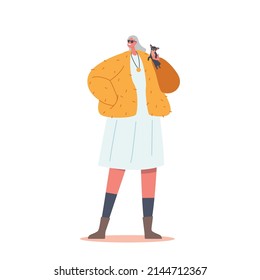 Trendy Old Lady with Little Dog on Hands, Aged Female Character Wear Fashionable Clothes Short Dress, Furry Jacket and Golfs, Stylish Senior Fashionista Woman. Cartoon People Vector Illustration