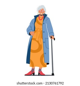 Trendy Old Lady with Walking Cane, Aged Female Character Wear Fashionable Clothes Isolated on White Background. Stylish Senior Woman, Modern Elegant Aged Pensioner. Cartoon People Vector Illustration