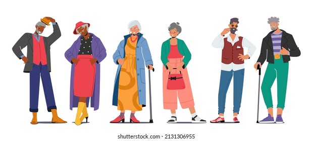 Trendy Old Male and Female Characters Wear Fashionable Clothes Isolated on White Background. Stylish Senior Men or Women Posing, Modern and Elegant Aged Pensioner. Cartoon People Vector Illustration