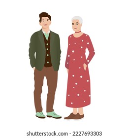 Trendy old male and female characters wear fashionable clothes. Modern elderly people. Isolated stylish senior men or women, elegant aged pensioners, flat vector illustration