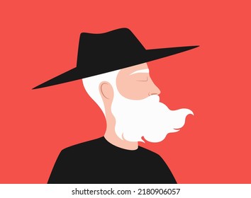 Trendy Old Man With White Beard. Man Silhouette In Black Hat, Vector Illustration. Stylish Grandpa Avatar. Adult Male Profile. Magic Character Face. Modern Portrait Side View