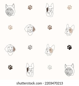 Trendy one line art of dog characters portraits and footprints pattern