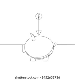 Trendy one line drawing art. Black continuous icon contour  of golden pig on white background. Minimalism, vector illustration.