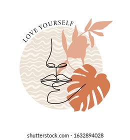 Trendy one line woman face with abstract leaves and stylish lettering. Typography slogan design "love yourself" sign. Continuous line print for textile, poster, card, t-shirt etc. Vector illustration.