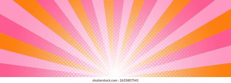 Fundo de pop art na moda laranja e rosa. Explosão de sol estilo cômico com pontos de meio-tom