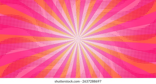 Trendy orange and pink pop art background. Comic style sun burst with halftone dots