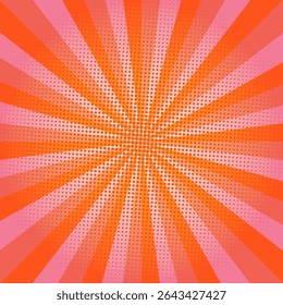 Fundo de pop art na moda laranja e rosa. Explosão de sol estilo cômico com pontos de meio-tom