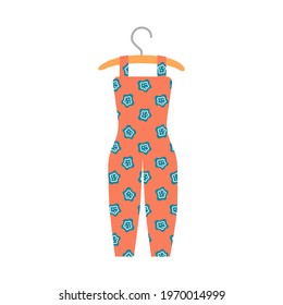 Trendy orange sleeveless overallls with flower print, vector illustration, isolated on a white
