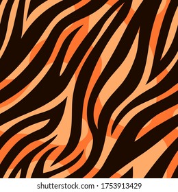 Trendy orange tiger seamless pattern. Hand drawn fashionable wild animal skin texture for fashion print design, fabric, textile, wrap, background, wallpaper. Vector illustration.