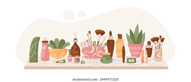 Trendy organic bodycare product collection, colorful fashion skincare oil bottle, flat natural beauty package composition at the shelf, cartoon eco cosmetic pack set with plants at the table.