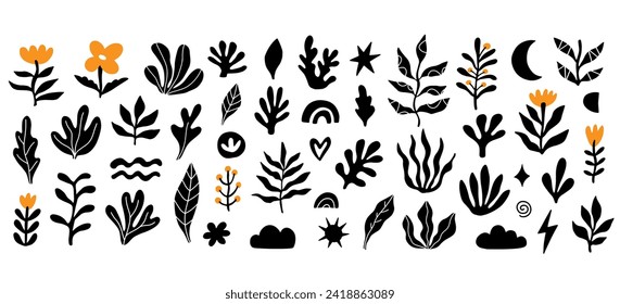 Trendy organic boho floral shapes set.  Scandinavian minimal plants abstract simple silhouettes doodle elements collection. Vector flat illustration. Vintage retro cute design isolated on white