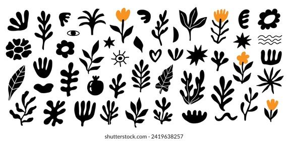 Trendy organic boho floral shapes set. Scandinavian minimal plants abstract simple silhouettes doodle elements collection. Vector flat illustration. Vintage retro cute design isolated on white