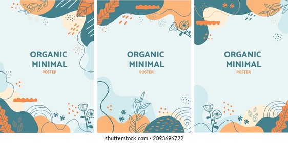 Trendy organic minimal posters. Abstract floral sale banners, spring and summer discounts cards, tropical flowers brochures, modern design. Vector set.