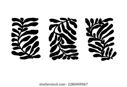 Trendy organic plant shapes collection. Hand drawn abstract stylized leaf in rectangle shapes. Vector black ink illustration with brush strokes. Abstract matisse and naive style of leaves.