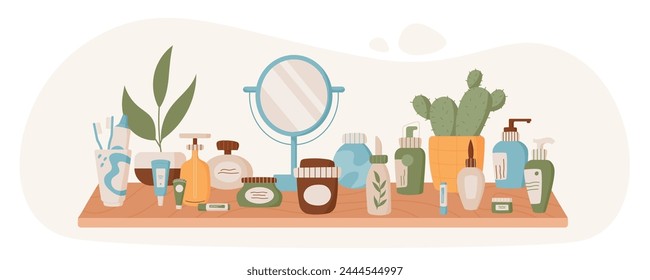 Trendy organic skin care pack set composition, flat fashion beauty lotion tube and cartoon natural bodycare product bottle at the shelf with plants and mirror, colorful moisturizing makeup cream jar.