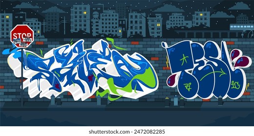 Trendy Outdoor Urban Graffiti Wall With Drawings At Night Against The Background Of The Cityscape