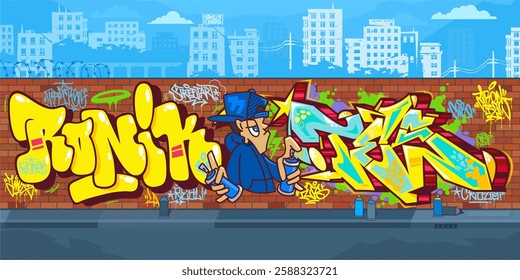 Trendy Outdoor Urban Graffiti Wall With Street Art Drawings Against The Background Of The Cityscape