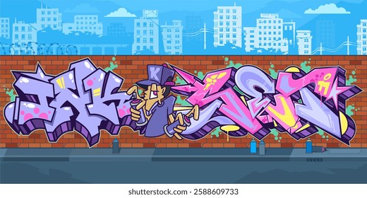 Trendy Outdoor Urban Graffiti Wall With Street Art Drawings Against The Background Of The Cityscape