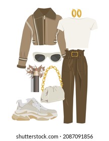 Trendy outfit with jacket, shirt, trousers, sneakers, accesories