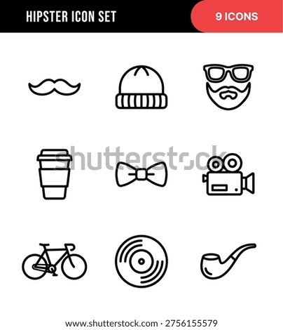 Trendy Outline Hipster Element Collection Icon with Moustache and Bicycle Style