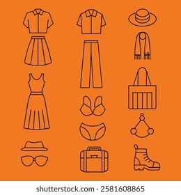 Trendy Outline Icons of Women's Summer Apparel and Accessories